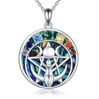 wholesale 925 Sterling Silver Pentagram Pendant With Chakra Gems And Mother Of Pearl-Triple Moon Goddess Pentacle Necklace