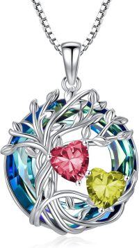 wholesale 18K White Gold Filled Sterling Silver Family Tree Pendant with 2 Heart Birthstones Blue Austrian Crystal Necklace for Women-07-08-Jul-Aug Birthstone