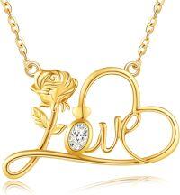 wholesale 14K Gold Love & Rose Pendant Necklace - Valentines Gift for Her-Love Necklace