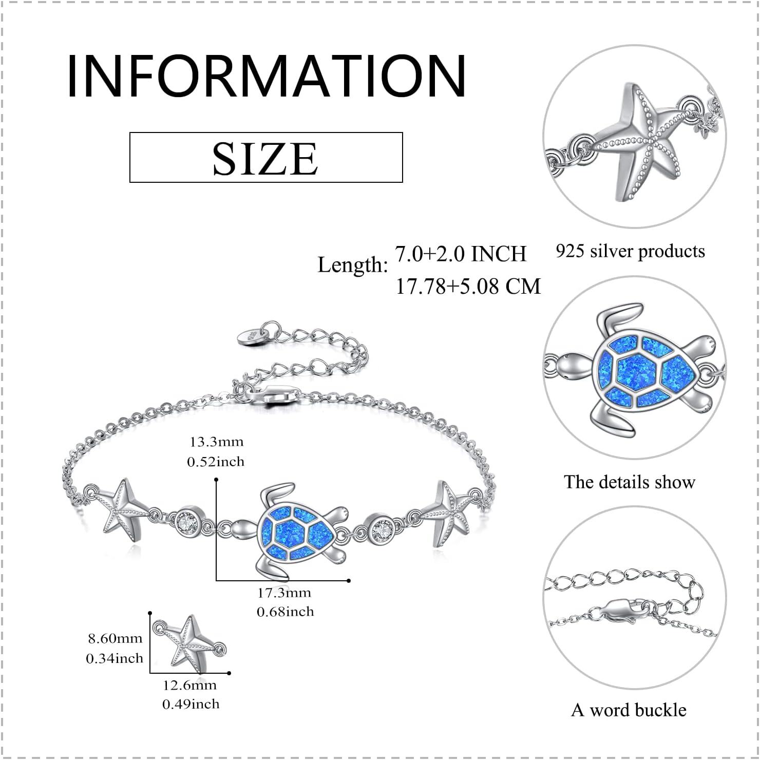 wholesale 925 Sterling Silver Blue Opal Sea Turtle & Starfish Charm Anklet for Women Girls Beach  7 Adjustable Chain Length-0-4