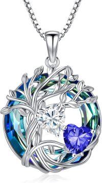 wholesale 18K White Gold Filled Sterling Silver Family Tree Pendant with 2 Heart Birthstones Blue Austrian Crystal Necklace for Women-04-09-Apr-Spet Birthstone