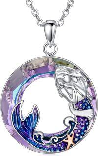 wholesale 925 Sterling Silver Round Mermaid Necklace with Purple Crystal & Ocean Waves 45cm Chain - For Women/Girls-Mermaid