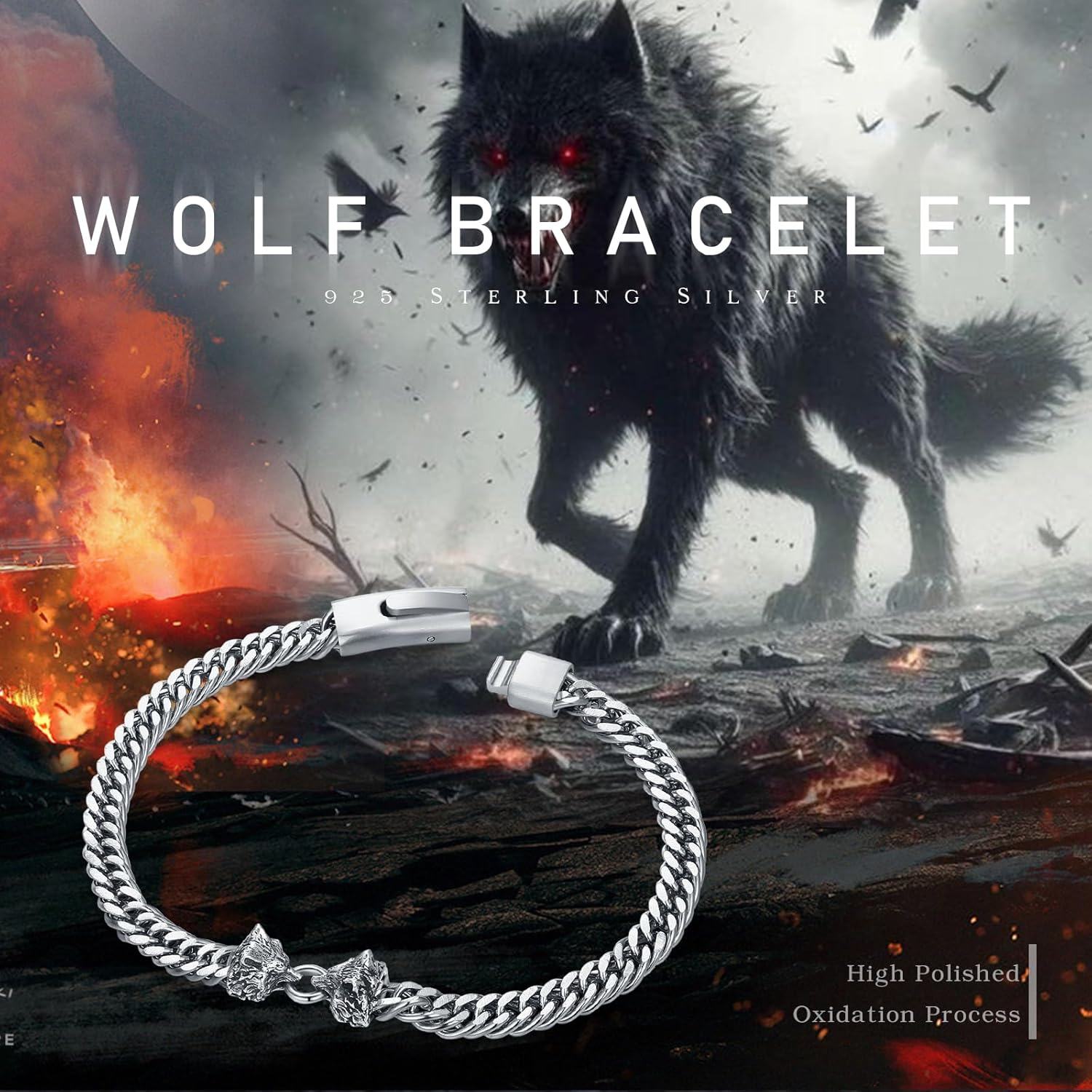 925 Sterling Silver 925 Cuban Link Chain Bracelet w/Wolf Head Clasp for Men Women - Punk Rock Style s-0-2