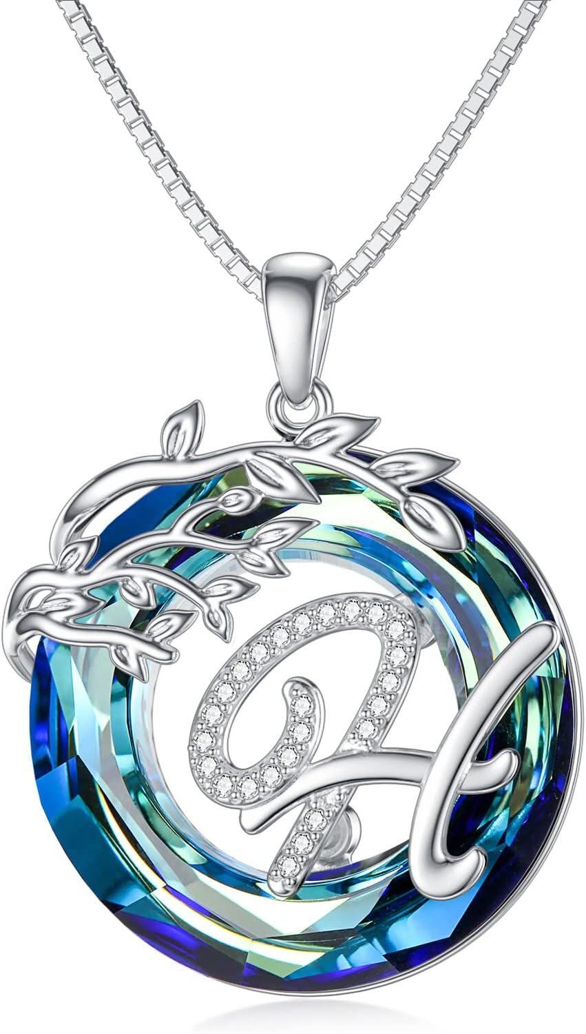 Sterling Silver Blue Crystal Tree of Life A Z Letter Pendant Necklace-Alphabet H