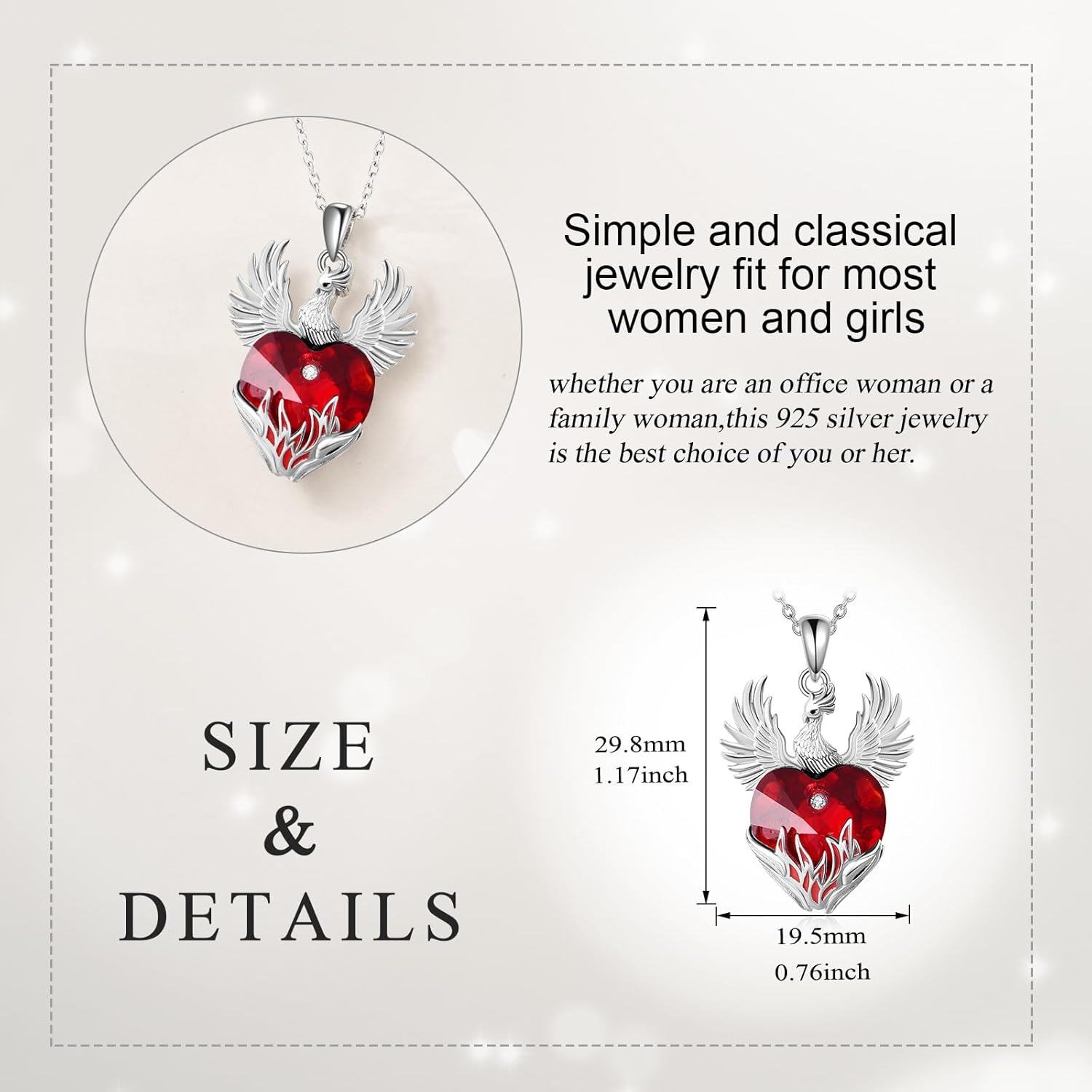 Sterling Silver Red Crystal Phoenix Pendant Necklace for Women-0-6