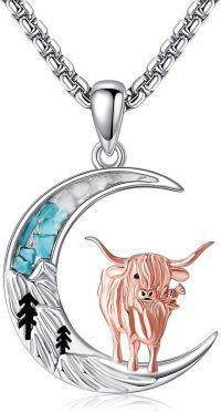 wholesale 925 Sterling Silver Turquoise Moon Highland Cow Necklace Pendant Jewelry for Women Girls Gift 48cm Chain Length-Highland Cow