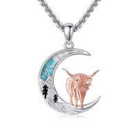 wholesale 925 Sterling Silver Crescent Moon Highland Cow Pendant Necklace-Highland Cow