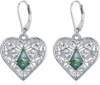 wholesale 925 Sterling Silver Heart-Shaped Moss Agate Drop Earrings with CZ Accents-C-Heart Filigree Moss Agate