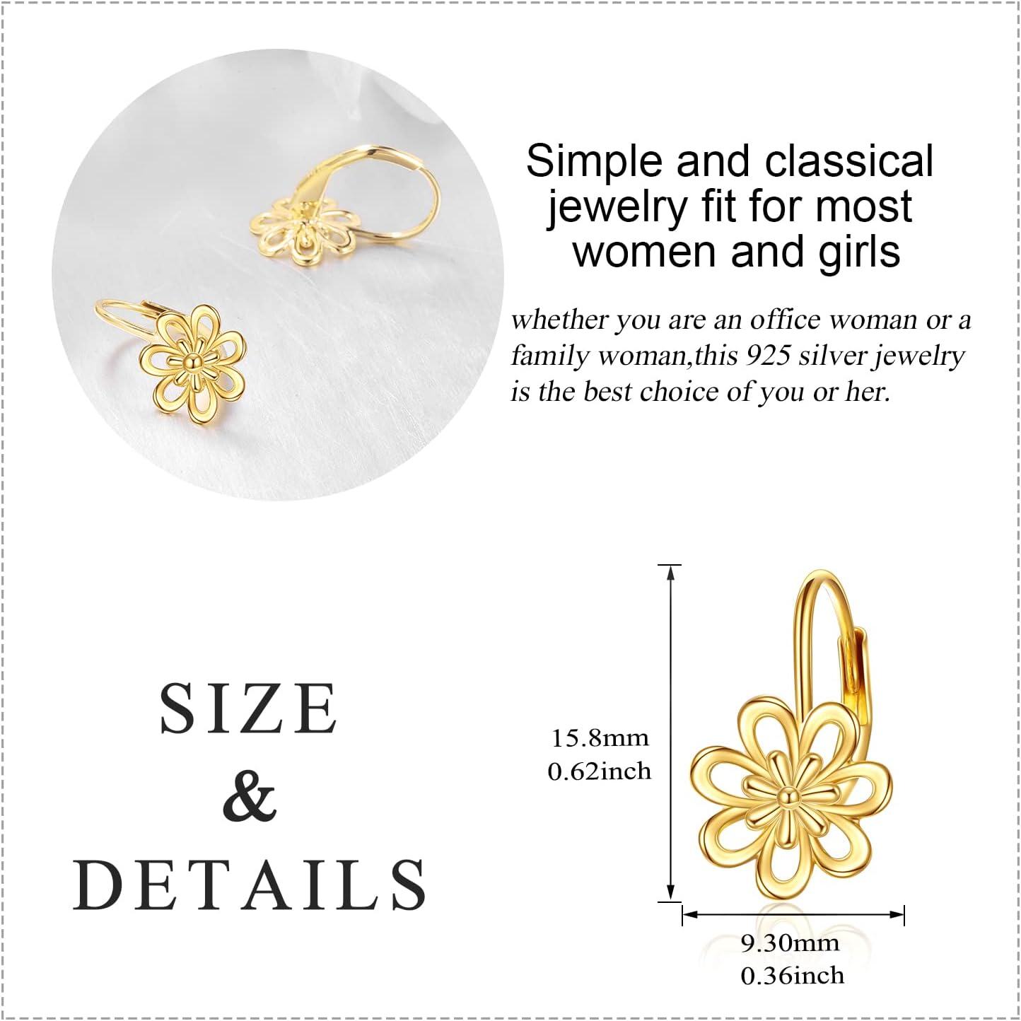 14K Yellow Gold Daisy Flower Leverback Dangle Hoop Earrings Jewelry for Women Teens Girls Christmas Birthday Gifts-0-4