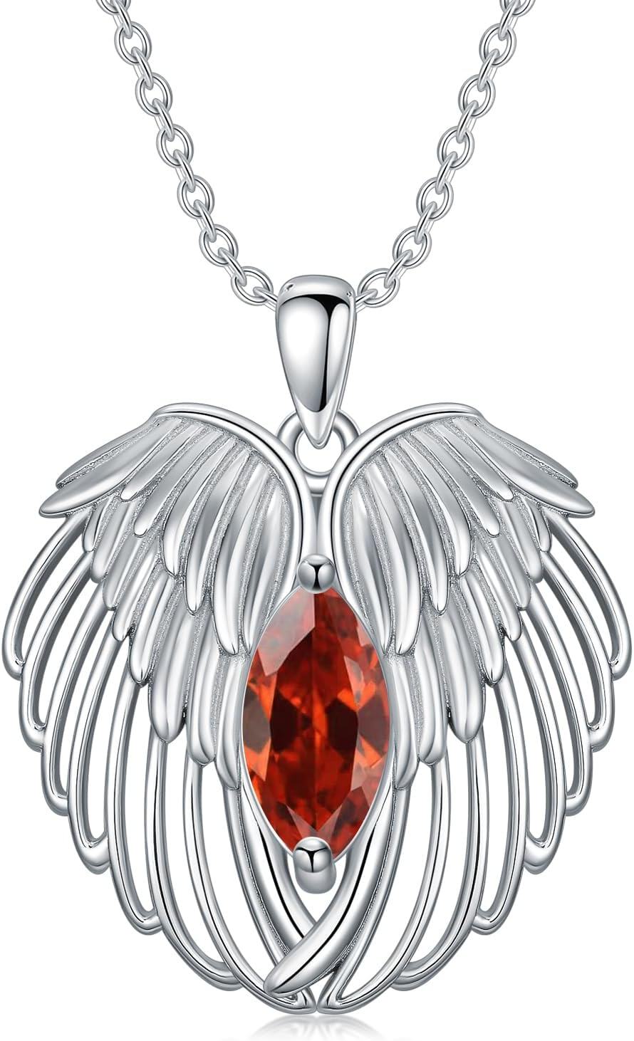  Sterling Silver Birthstone Angel Wings Necklace for Women -0-0