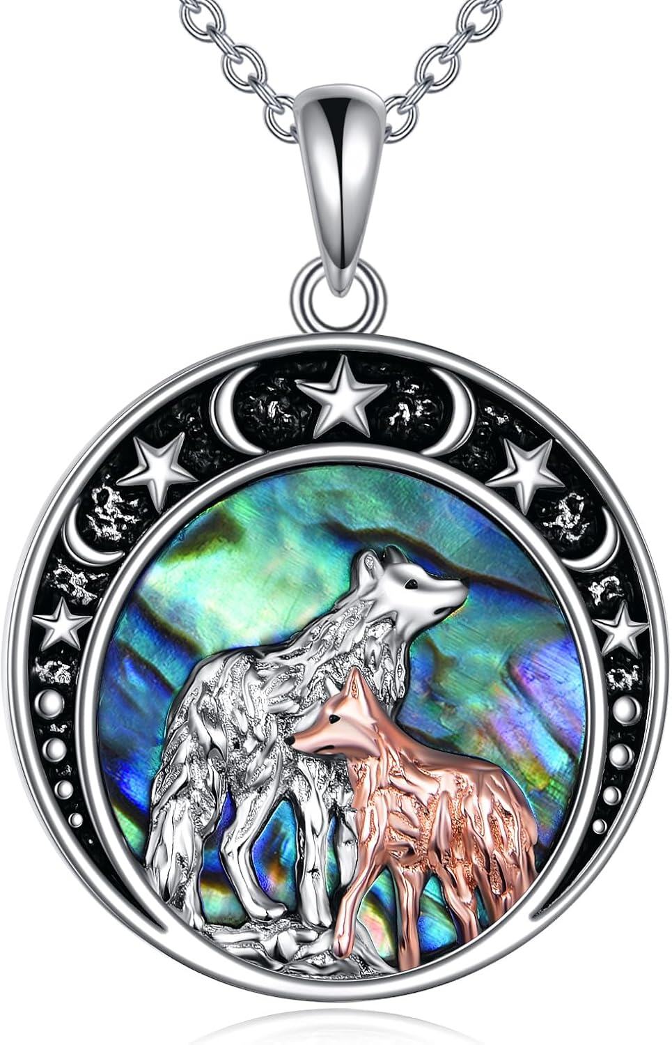 Sterling Silver Moon Star Necklace w Cat Wolf Fox Pendant Jewelry Gift-0-0