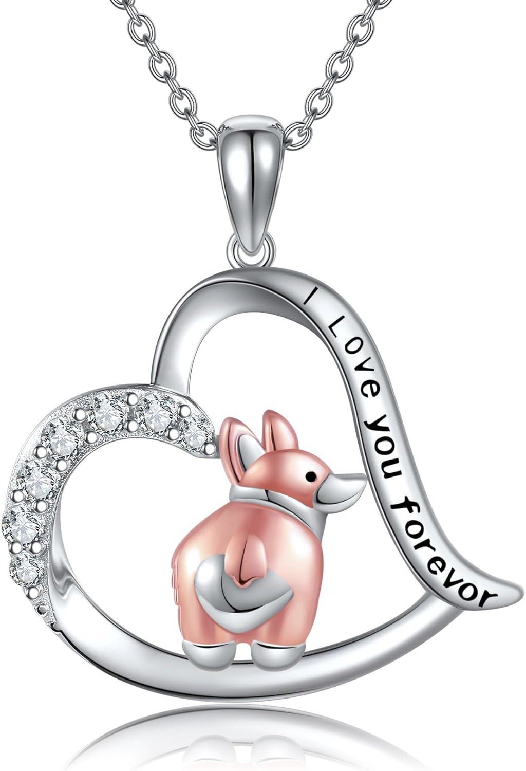 wholesale 925 Sterling Silver Heart-Shaped Kangaroo Necklace with Cubic Zirconia and Engraved Message I Love You Forever for Women Girls (Pink)-0-0