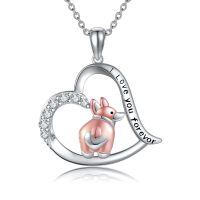 wholesale 925 Sterling Silver Heart-Shaped Kangaroo Necklace with Cubic Zirconia and Engraved Message I Love You Forever for Women Girls (Pink)-Corgi