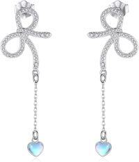 wholesale 925 Sterling Silver Heart Drop Dangle Stud Earrings with Moonstone and Cubic Zirconia  for Women Girls Mother's Day Anniversary Birthday Christmas Present Idea 38mm Long Length (Heart)-Bow-Bow