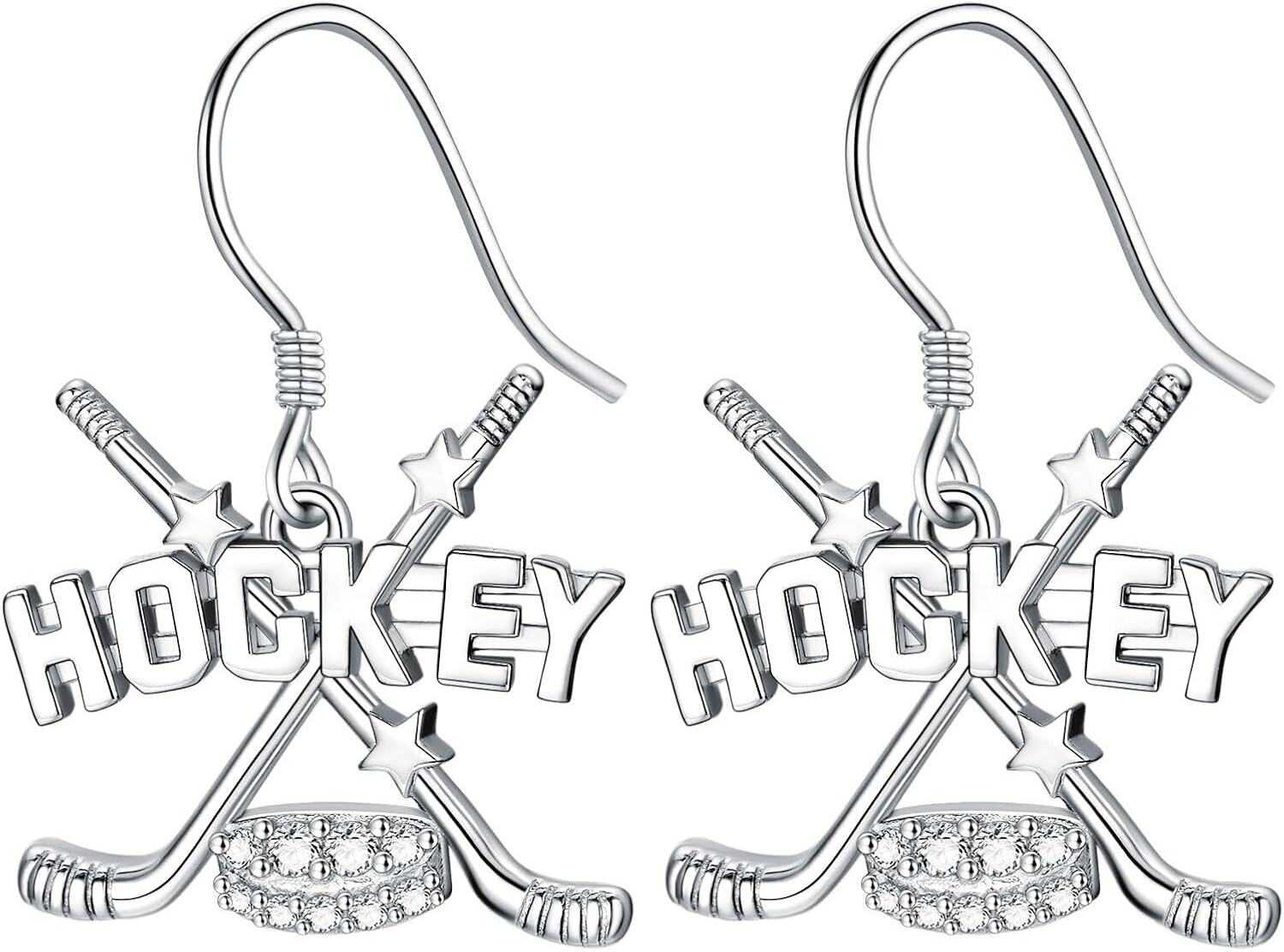  Sterling Silver Sports Earrings for Women Soccer Basketball Volleyball Softball Football Tennis Dangle Jewelry -Hockey