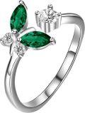 wholesale 925 Sterling Silver with Simulated Emerald Green Crystal Dancing Butterfly Adjustable Open Ring Size 9-0-0