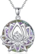 wholesale 925 Sterling Silver Lotus Flower Pendant Necklace with Purple and Green Stones - Mother's Day Gift for Her-0-0
