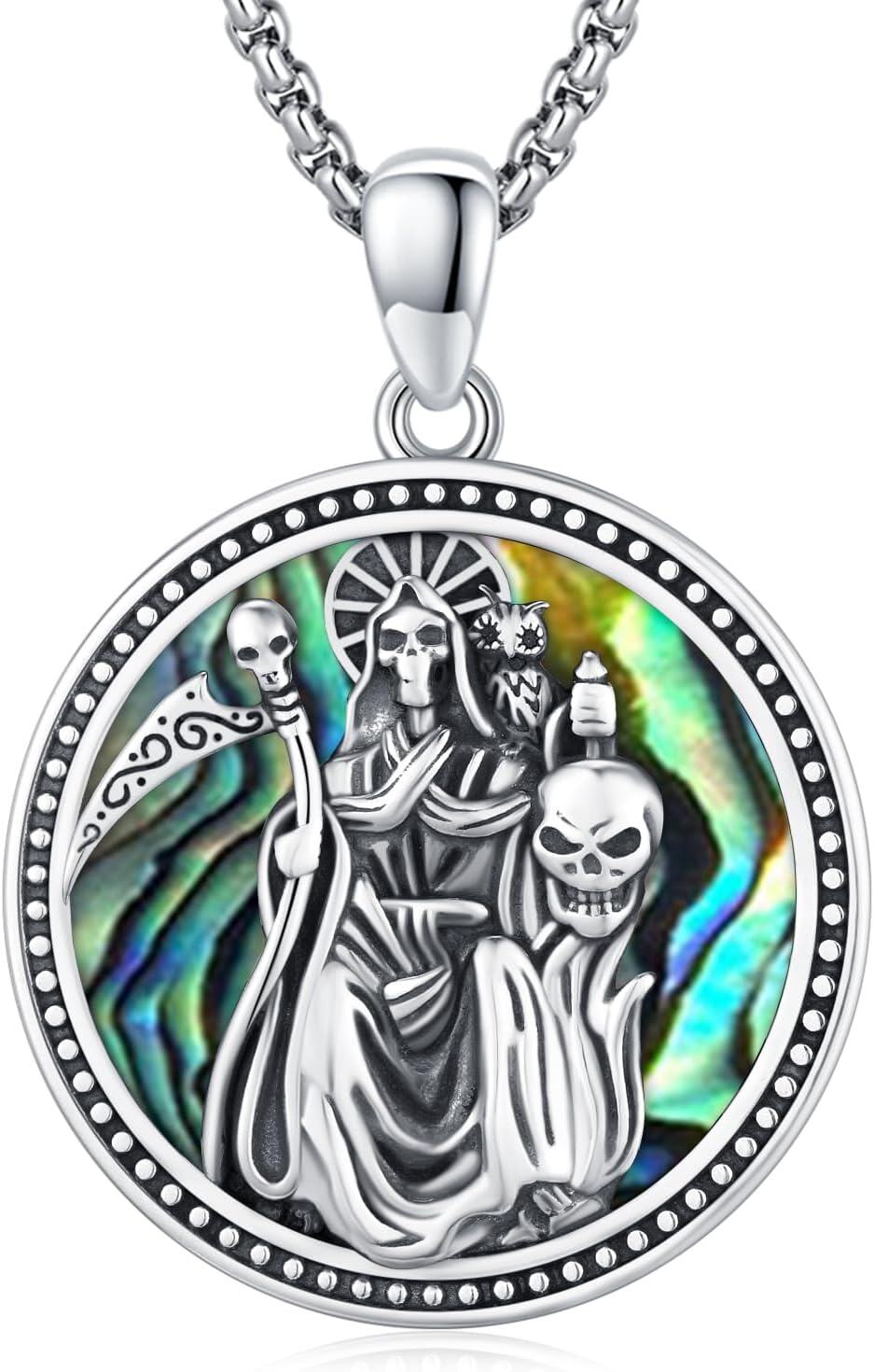 925 Sterling Silver Round Medal Pendant Necklaces for Women Men Gothic Skulls and Skeletons Design Abalone Shell  45cm Chain Length-0-0