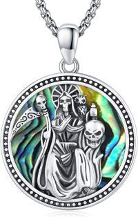 wholesale 925 Sterling Silver Round Medal Pendant Necklaces for Women Men Gothic Skulls and Skeletons Design Abalone Shell  45cm Chain Length-C1-Santa Muerte