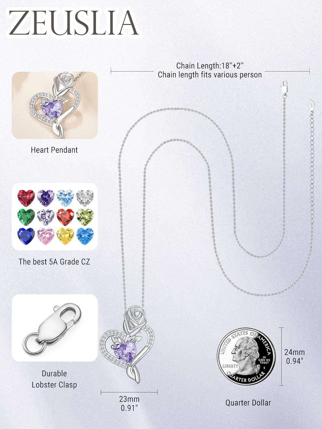 Sterling Silver Birthstone Heart Pendant Necklace for Women-0-3