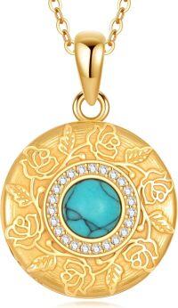 wholesale Gold 925 Sterling Silver Turquoise Round Stone Pendant Necklace with Floral Design for Women-Necklace-Necklace+Locket