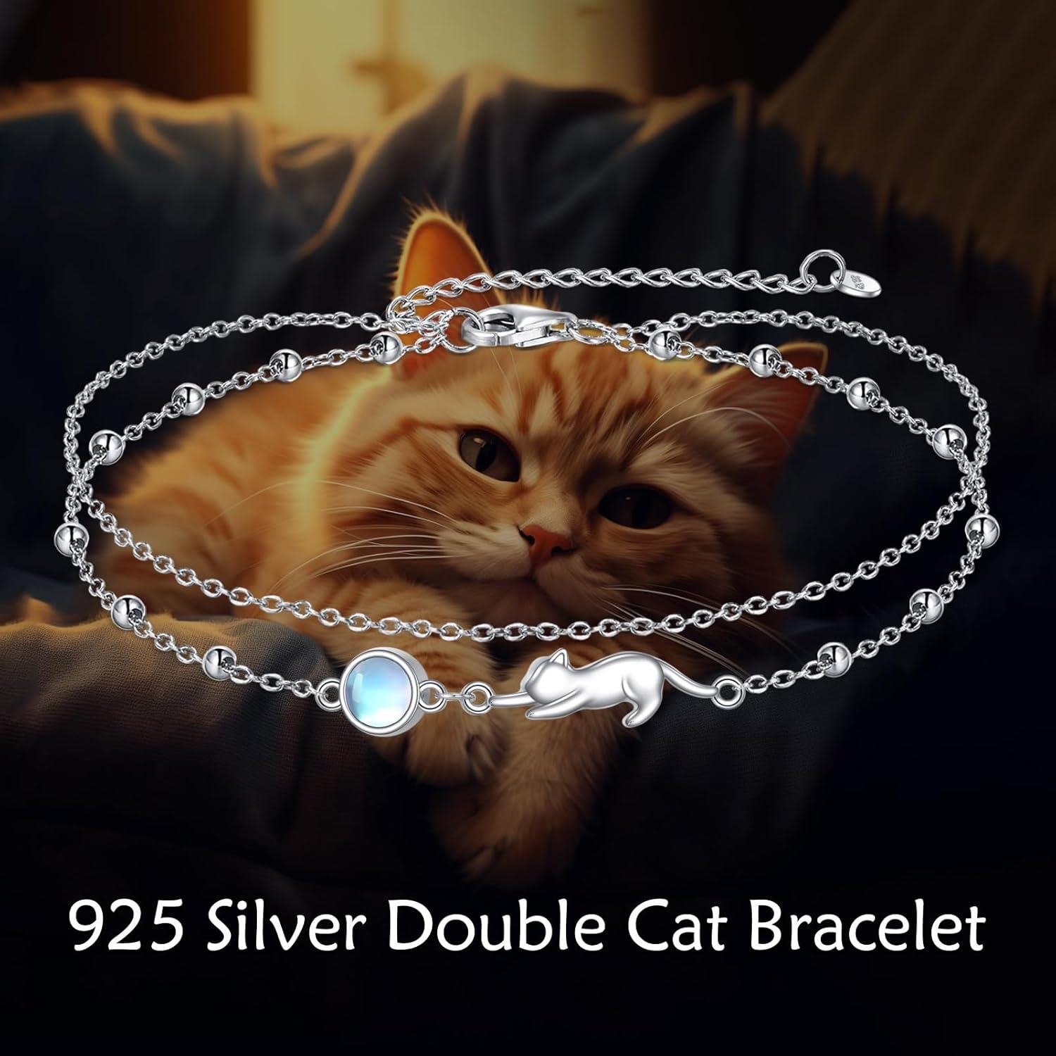 925 Sterling Silver Cat Charm Moonstone Beaded Chain Anklet Jewelry for Women Girls Gift 6-8 Adjustable Length-0-2