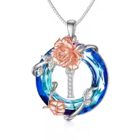 TOUPOP Sterling Silver Blue Crystal Rose I Initial Letter Pendant Necklace-undefined