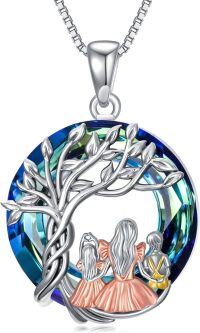 wholesale 925 Sterling Silver Blue Crystal Family Tree Pendant Necklaces for Mom Dad Daughter Son-Mom&1 Daughter 1Son
