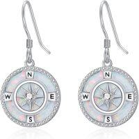 wholesale S925 Sterling Silver & 14K Gold Plated Compass Earrings with Turquoise/Mother-of-Pearl/Opal/Moss Agate/Abalone, Dangle Jewelry Gift for Women-Opal