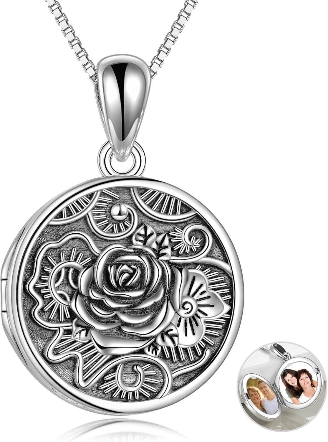 Sterling Silver Rose Tree of Life Locket Necklace for Women Men Photo Pendant Fathers Day Birthday Anniversary Christmas Gifts-0-0