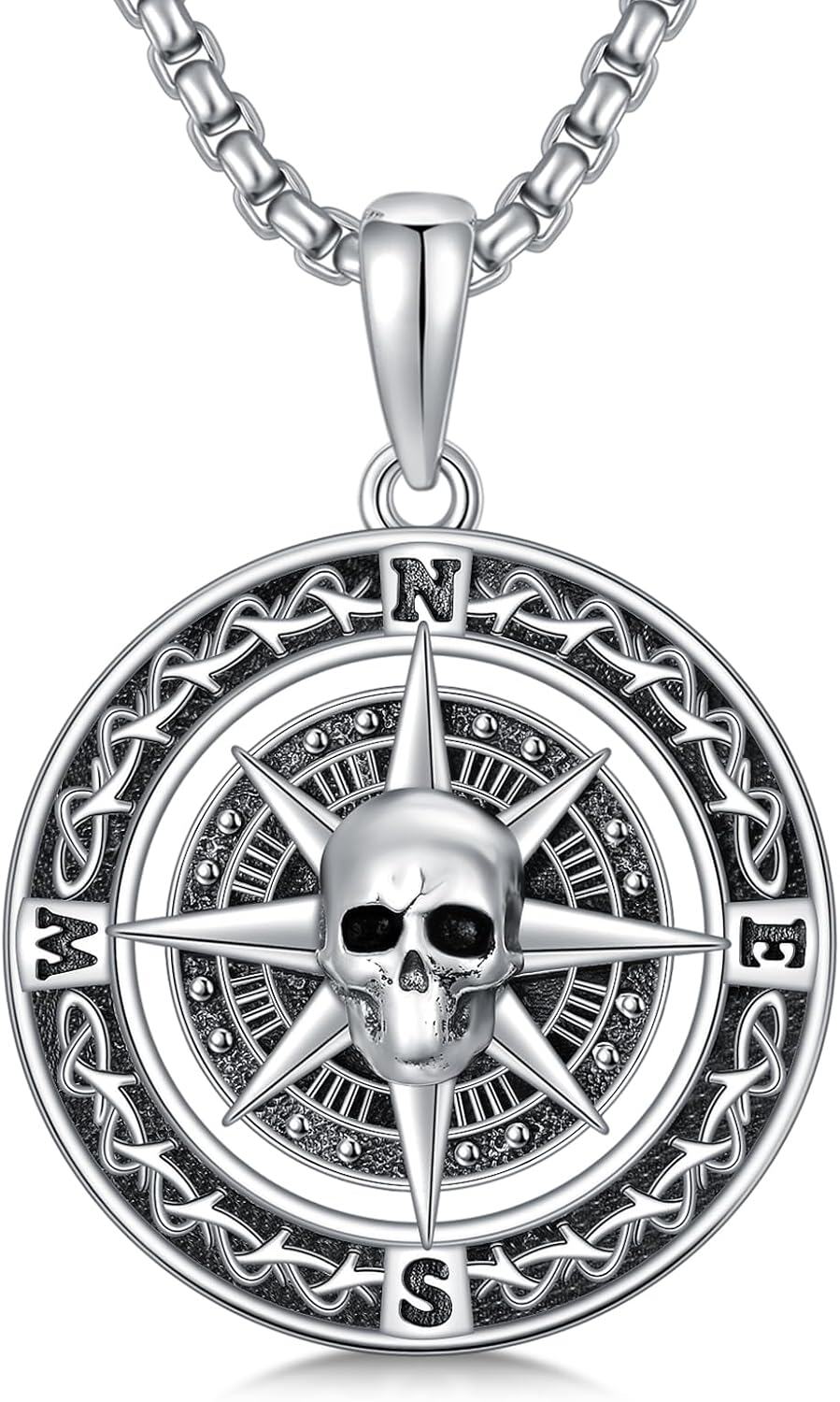 Sterling Silver Compass Necklace with Celtic Knot Skull World Map Pendant-02-Compass Skull Necklace