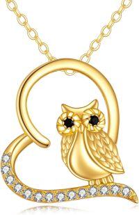 wholesale 14K Gold Owl Heart Crystal Pendant Necklace with Extender Chain-14K Gold-Owl Necklace
