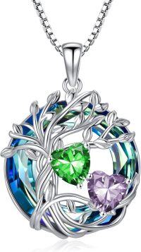 wholesale 18K White Gold Filled Sterling Silver Family Tree Pendant with 2 Heart Birthstones Blue Austrian Crystal Necklace for Women-05-06-May-Jun Birthstone