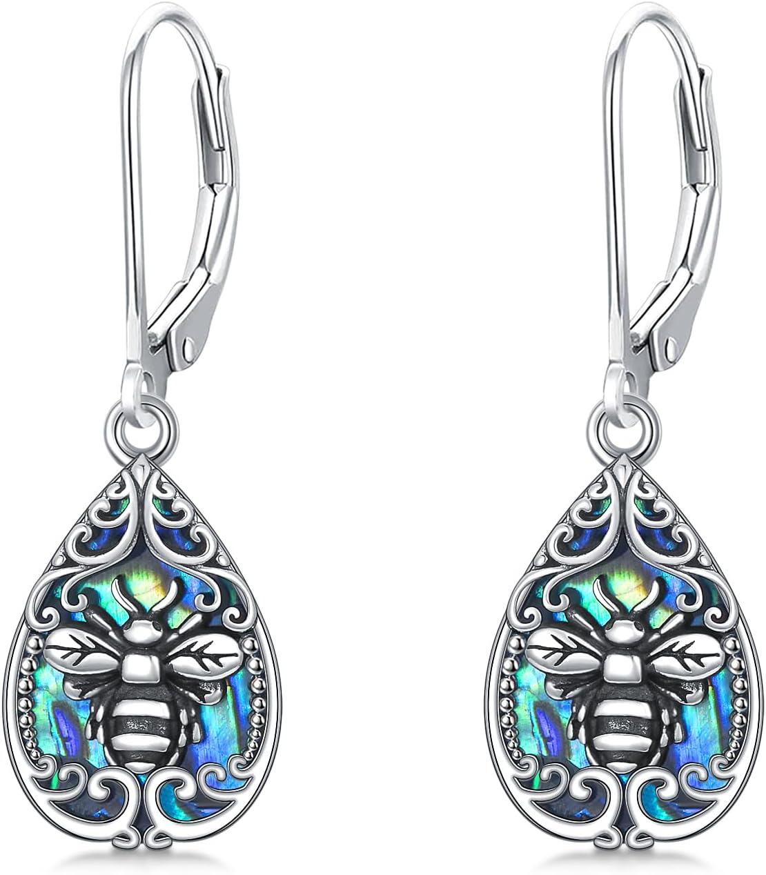 wholesale 925 Sterling Silver Abalone Shell Honeybee Teardrop Leverback Drop Earrings-0-0