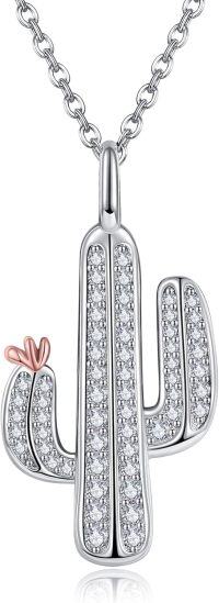 wholesale 925 Sterling Silver Cactus Necklace with Abalone Shell Pendant Plant Nature Jewelry for Women Mom Grandma Cactus Lover-April-White