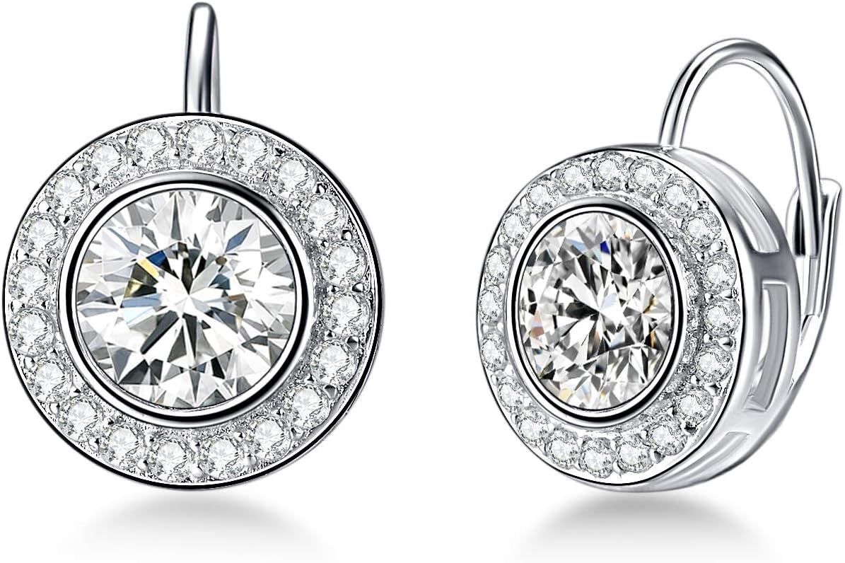 Sterling Silver Austria Crystal Halo Leverback Earrings Birthday Gifts for Women-Clear White