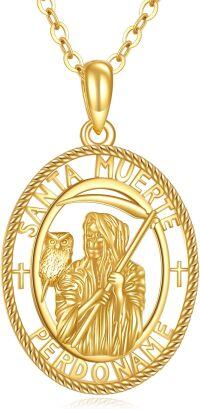 wholesale 14K Gold Santa Muerte Owl Religious Protection Pendant Necklace-Santa Muerte