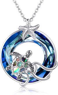 wholesale 925 Sterling Silver Turtle & Starfish Blue Crystal Ocean Wave Pendant Necklace-Turtle