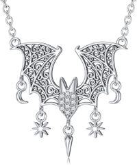 wholesale 925 Sterling Silver Lab-Grown Cubic Zirconia Bat Pendant Necklace with Stars and Moon Charms for Women-Type 2