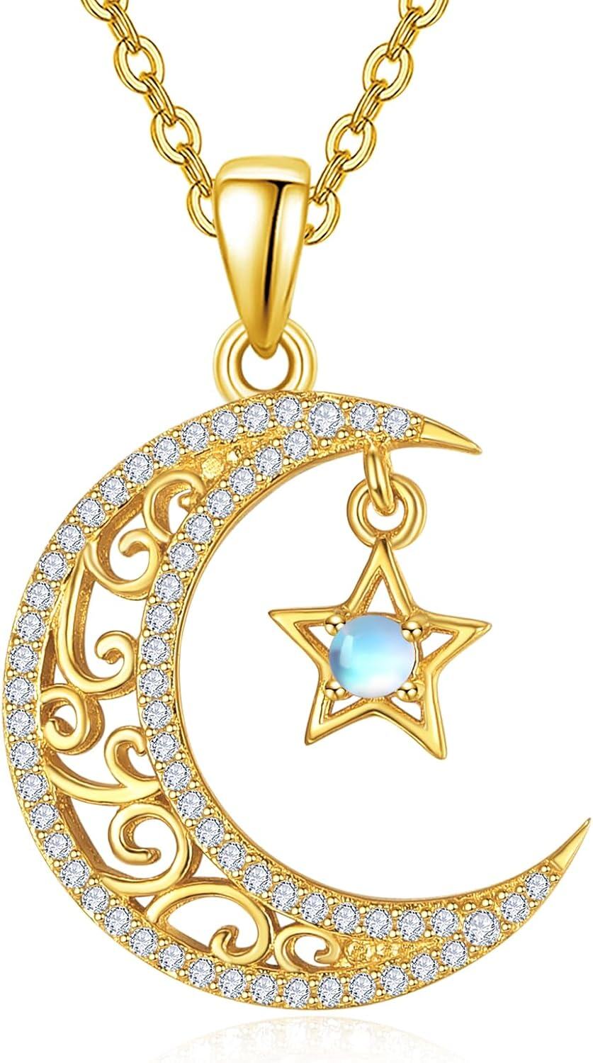 Sterling Silver Moon Star Necklace Celestial Pendant for Women-Gold Moon Star