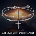 wholesale 925 Sterling Silver Blue Crystal Cross Ankle Anklet for Women Girls Religious Foot  6-8 Adjustable Length-0-5