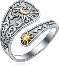 wholesale Sterling Silver Sun Moon Bee Celtic Tree Life Lotus Spoon Adjustable Open Ring Unisex Gift-Sun and Moon Star-Sun and Moon Star