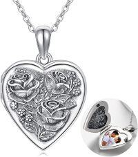wholesale 925 Sterling Silver Heart Locket Necklace with Rose Flower Pendant Holds Pictures Oxidized Finish Birthday Christmas Gifts for Women-A-Rose Locket