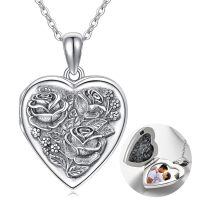 wholesale 925 Sterling Silver Heart Locket Necklace with Rose Flower Pendant Holds Pictures Oxidized Finish Birthday Christmas Gifts for Women-A-Rose Locket