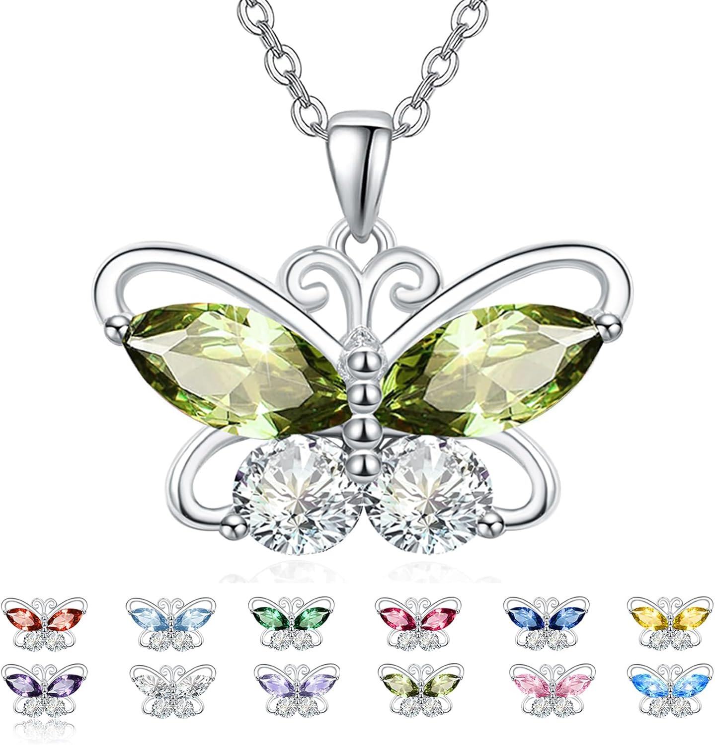 Sterling Silver Cubic Zirconia 12 Birthstone Butterfly Pendant Necklace-08-Aug.