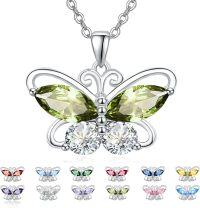 wholesale 925 Sterling Silver Cubic Zirconia 12 Birthstone Butterfly Pendant Necklace-08-Aug.