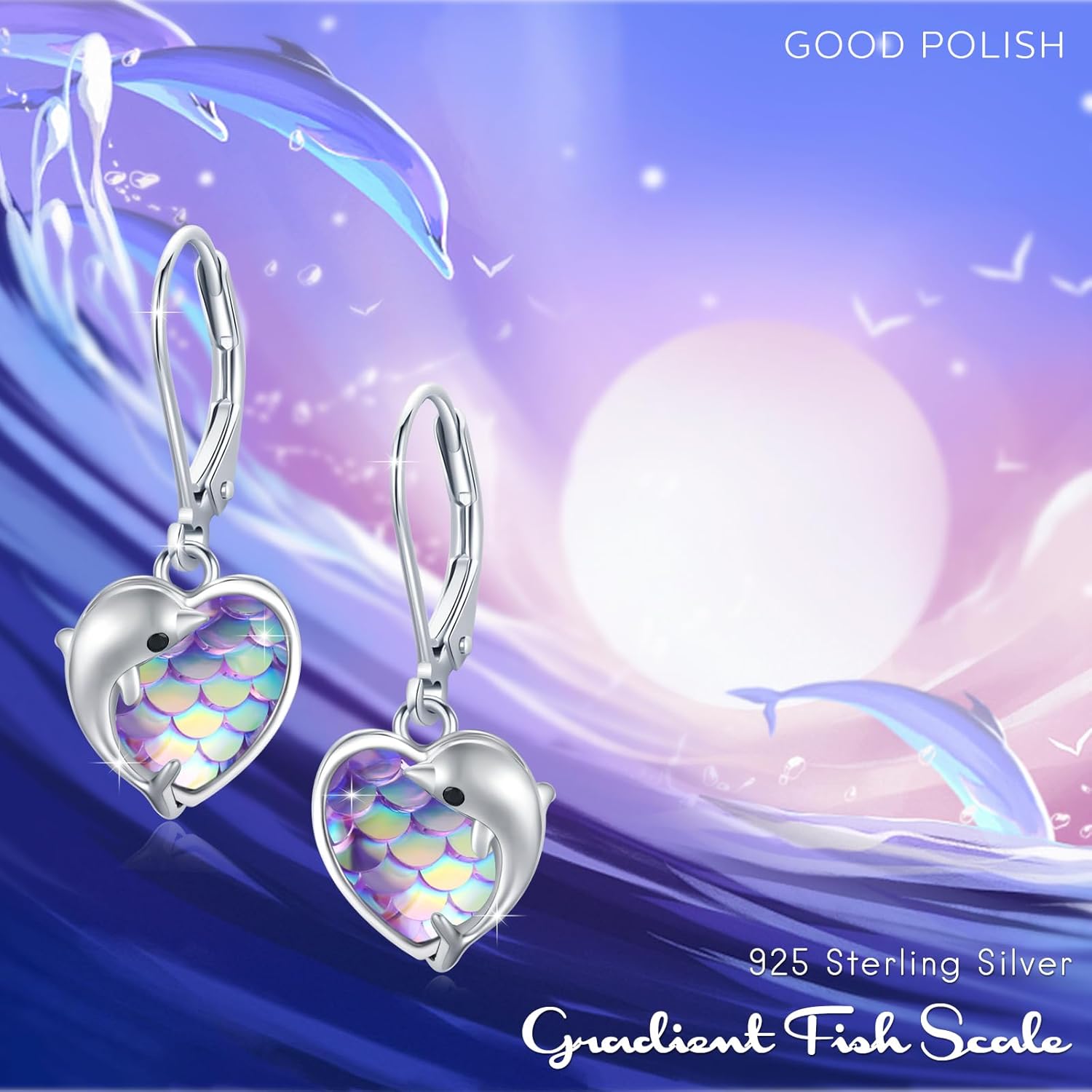 wholesale 925 Sterling Silver Mermaid Scale Heart-Shaped Dolphin Wave Stud Earrings for Women-0-5