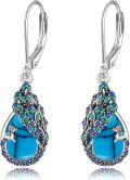 wholesale 925 Sterling Silver Teardrop Peacock Feather Dangle Earrings with Blue Sapphire and Green Emerald Accents-0-5