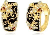 wholesale 925 Sterling Silver Black Onyx Flower Huggie Hoop Earrings with Cubic Zirconia and Red Garnet Accents for Women Girls-Bee Hoop Earrings