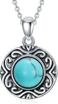wholesale 925 Sterling Silver Turquoise Round Pendant Necklace for Women Wife Mother Gift Jewelry 45cm Chain Length-Turquoise 2